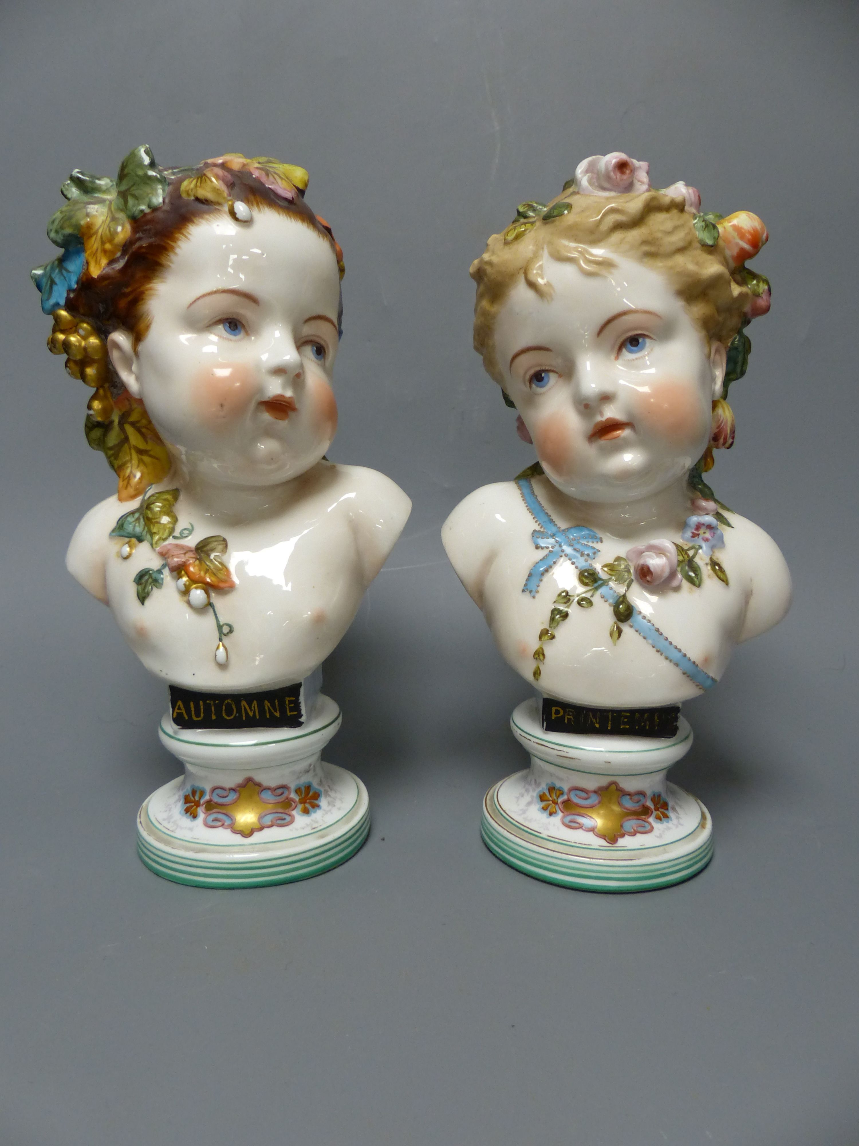 A pair of French porcelain busts Automne and Printemps, a Samson ewer and basin in the Chinese export style and a pair Belleek styl